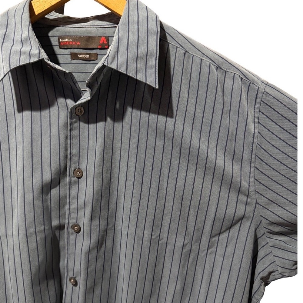 Perry Ellis America Shirt Short Sleeve Sueded Striped Mens XL Blue Grey Casual